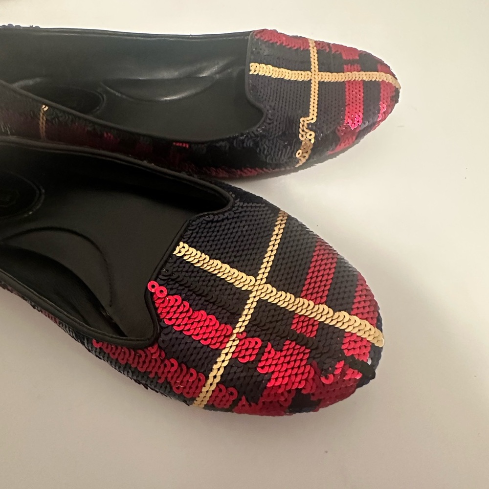 COACH Debrorah Tartan Plaid Sequin Ballet Flats Size 6.5 Red Navy Gold - Picture 3 of 11